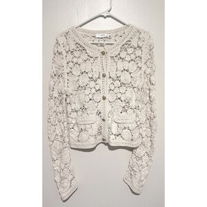 Cloth by Design Crochet Cardigan Sweater Women’s Small Cream Boho Lace Macrame